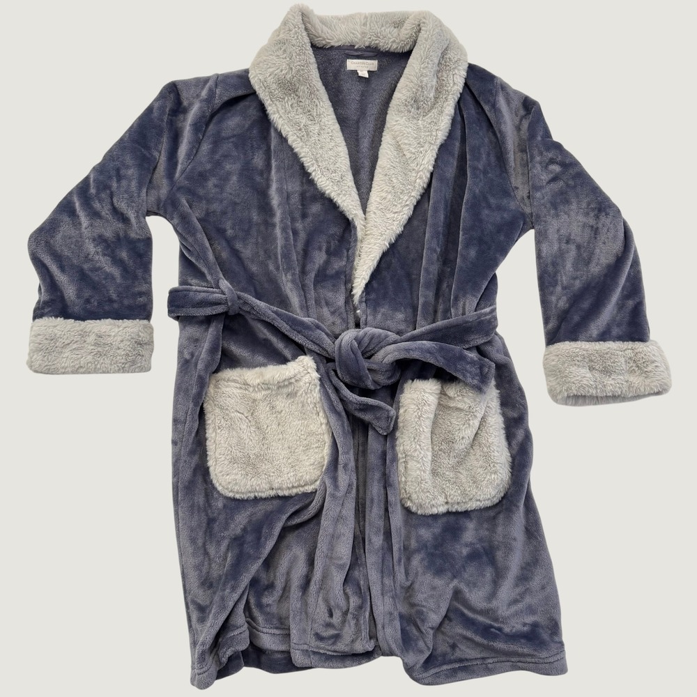 Charter Club Intimates Womens Plush Robe Blue Gray Faux Fur Trim M/L Lounge Wrap